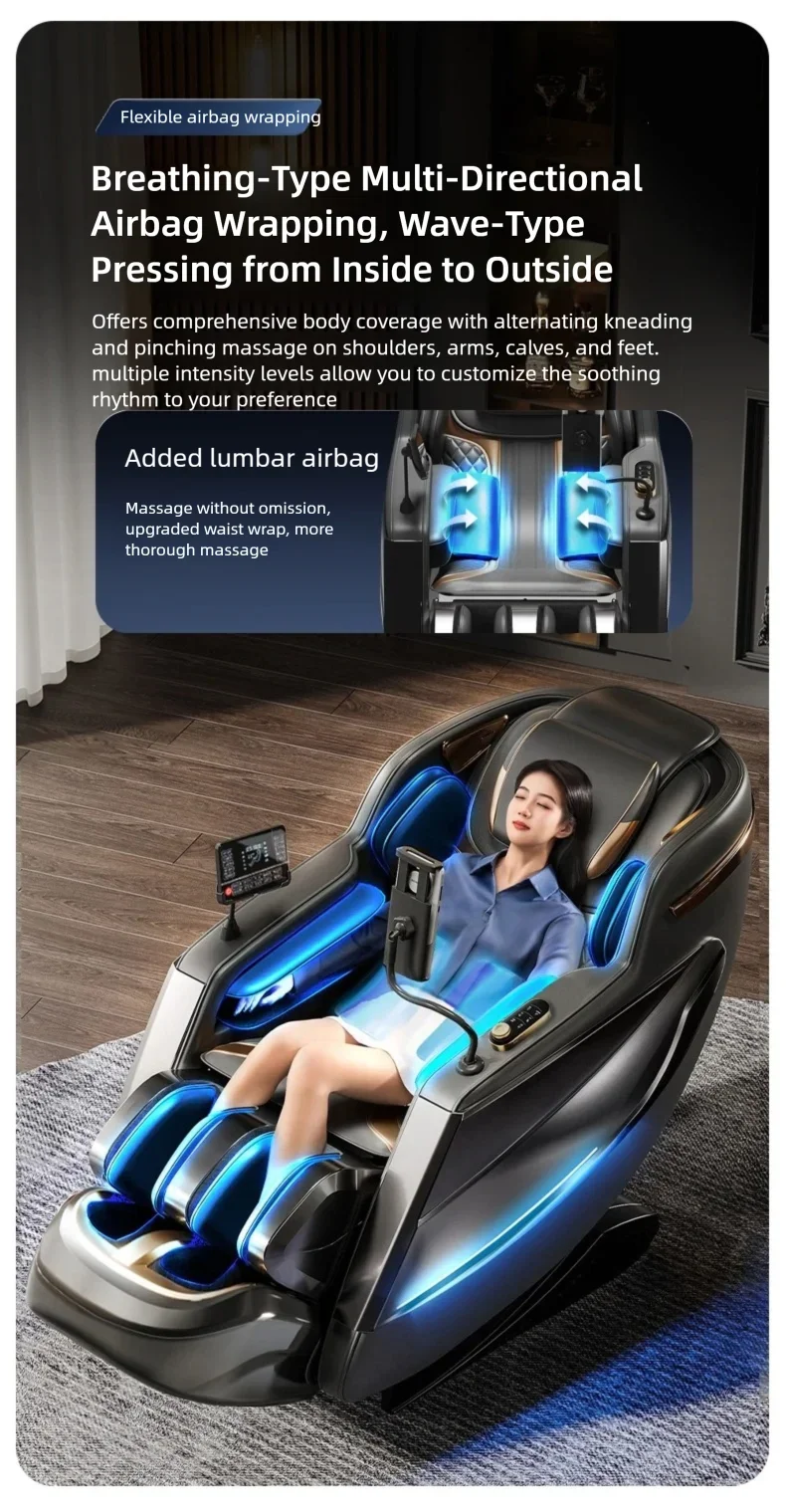 4D Mechanismus Massagesessel Tiefe Thai-Dehnung LCD Touchscreen Wadenrolle Airbag Kompression Kneten Schwerelosigkeit Entspannung