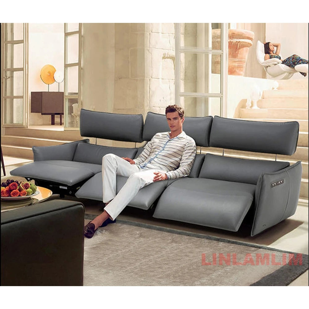 QY Ecksofa mit zwei Motoren, elektrischer Relaxfunktion, echtem Leder und verstellbaren Kopfstützen, L-förmige Eckcouch mit Chaiselongue