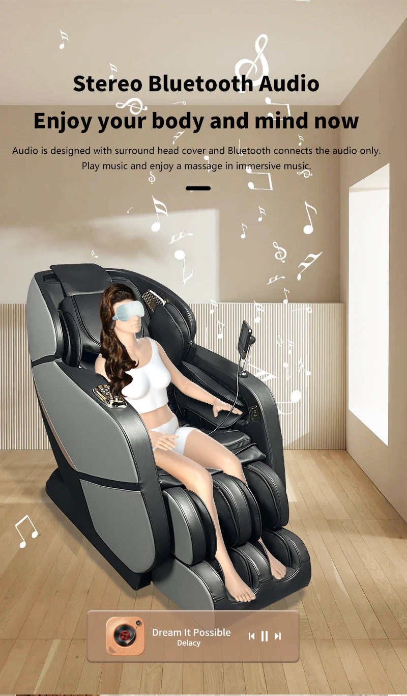 Massagesessel Ganzkörper Zero-Gravity Sessel Gerade Schiene Knet- und Klopfmassage Tragbarer Sessel Bluetooth Airbags Fußrollen Grau