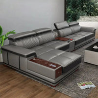 Modernes Luxus-Ecksofa aus echtem Leder mit Recamiere, verstellbarer Kopfstütze, integriertem Stauraum, USB-Ladefunktion, Getränkehalter