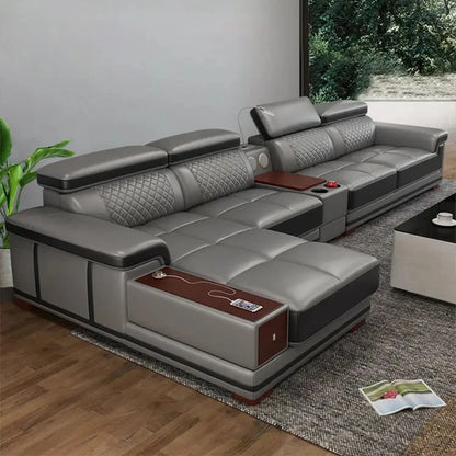 Modernes Luxus-Ecksofa aus echtem Leder mit Recamiere, verstellbarer Kopfstütze, integriertem Stauraum, USB-Ladefunktion, Getränkehalter