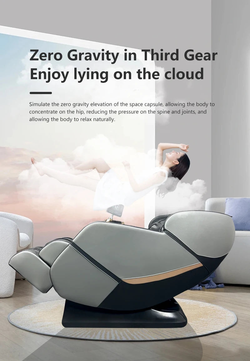 Massagesessel Ganzkörper Zero-Gravity Sessel Gerade Schiene Knet- und Klopfmassage Tragbarer Sessel Bluetooth Airbags Fußrollen Grau