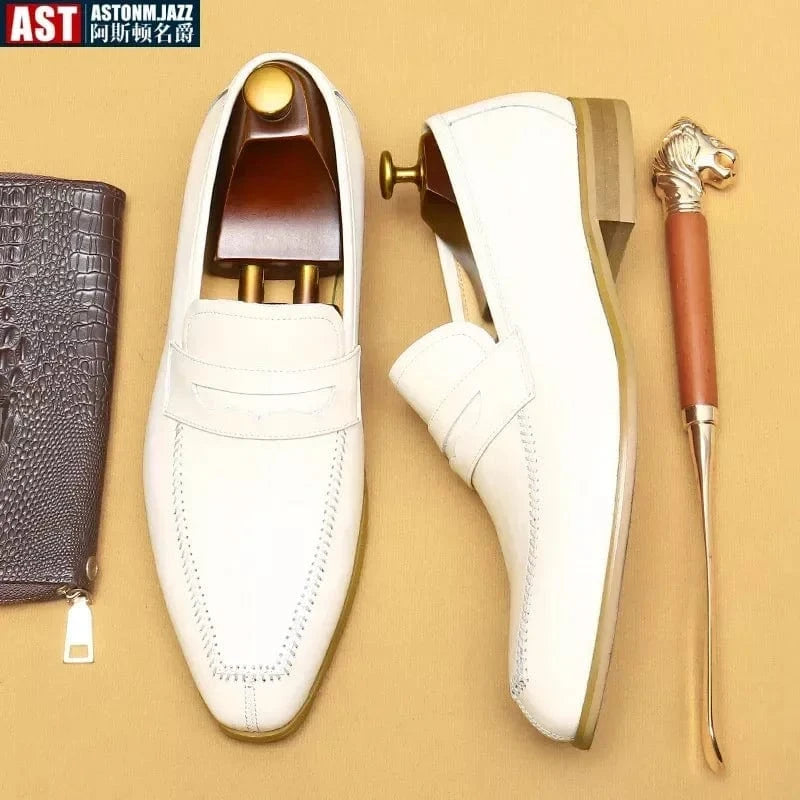 British Trend Men’s Dress Shoes – Luxury White Leather Loafers for Weddings & Business