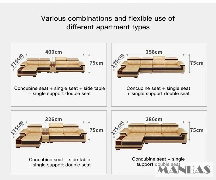 Modernes Luxus-Ecksofa aus echtem Leder mit Recamiere, verstellbarer Kopfstütze, integriertem Stauraum, USB-Ladefunktion, Getränkehalter