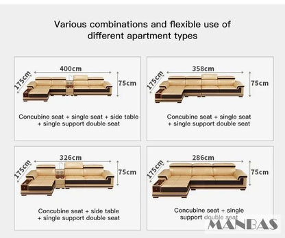 Modernes Luxus-Ecksofa aus echtem Leder mit Recamiere, verstellbarer Kopfstütze, integriertem Stauraum, USB-Ladefunktion, Getränkehalter