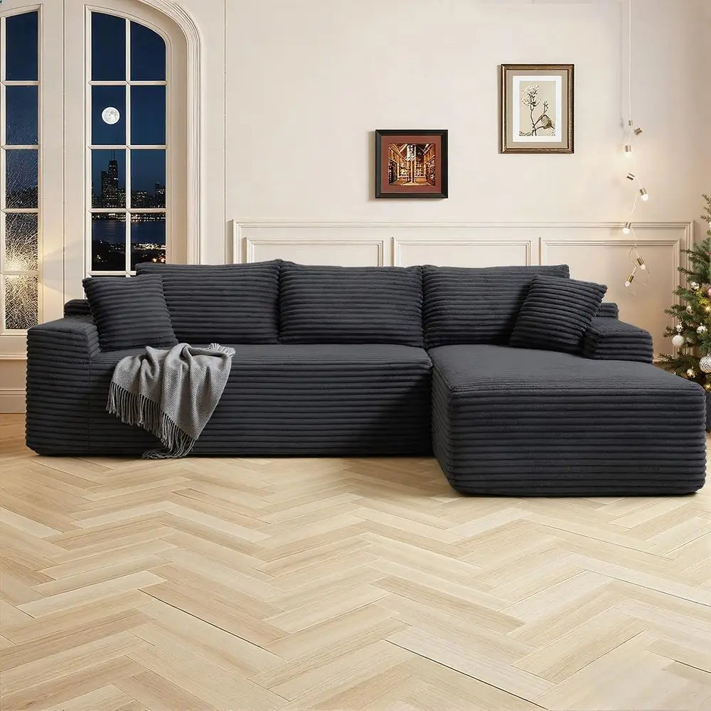 Modernes 108 L-förmiges Ecksofa, tiefes Wolkensofa, Cordstoff, Schwarz, Recamiere rechts, Wohnzimmermöbel, keine Montage