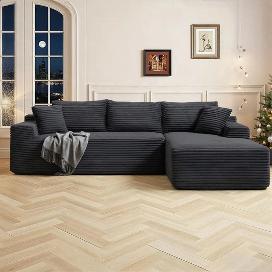 Modernes 108 L-förmiges Ecksofa, tiefes Wolkensofa, Cordstoff, Schwarz, Recamiere rechts, Wohnzimmermöbel, keine Montage
