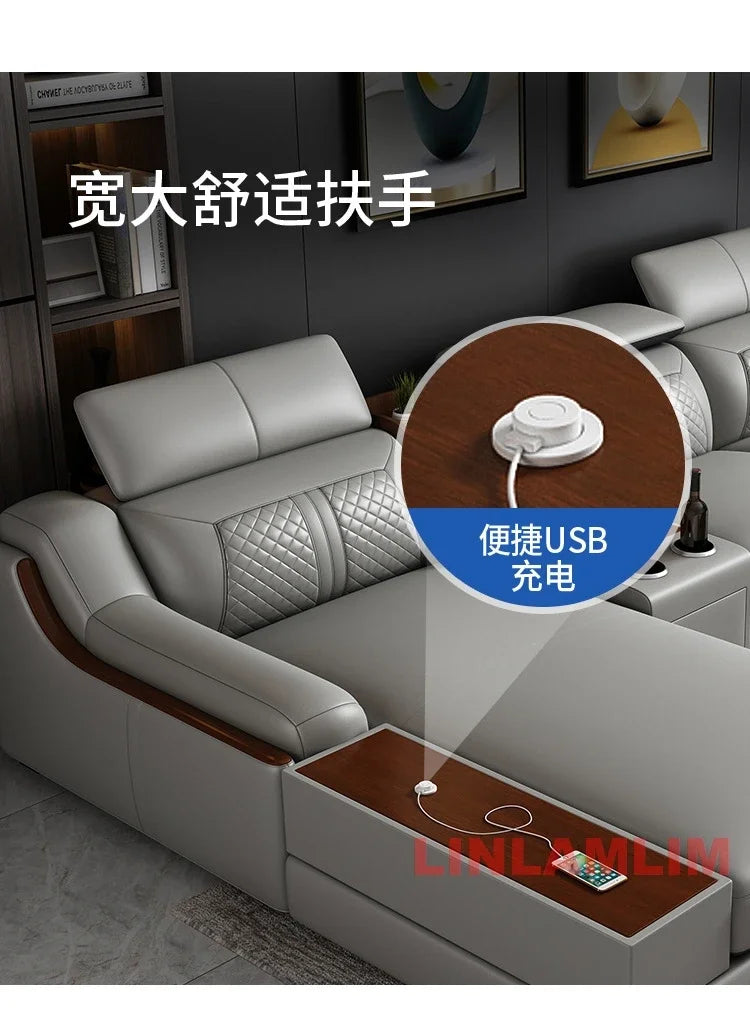 Modernes U-förmiges Ecksofa-Set mit Chaiselongue, echtes Leder Sofa mit Ablagetisch, USB – Große Wohnzimmermöbel