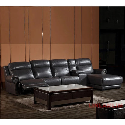 MINGDIBAO Luxuriöses Sofa-Set aus echtem Leder mit elektrischer Relaxfunktion, L-förmige elektrische Relax-Couch mit Nagelverzierung, Heimkinositz