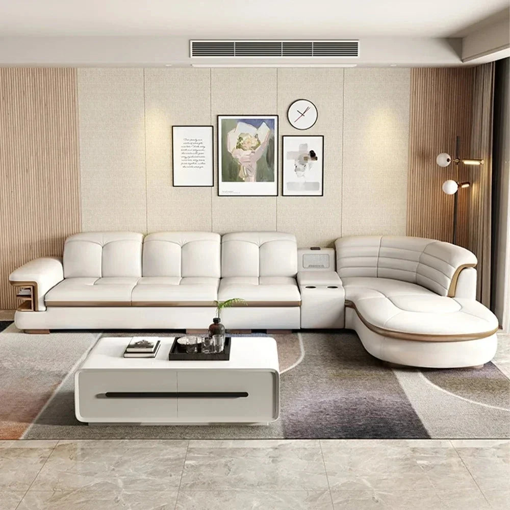 Luxuriöse L-förmige Sektionssofas aus echtem Leder mit USB- und Bluetooth-Lautsprecher – MINGDIBAO Wohnzimmer Italienische Ledersofas