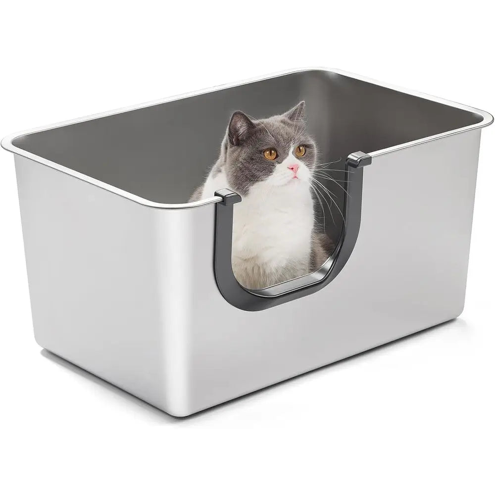Bac à litière géant en acier inoxydable avec côtés hauts pour un contrôle facile de l'urine et du litière, adapté aux chatons et aux chats âgés