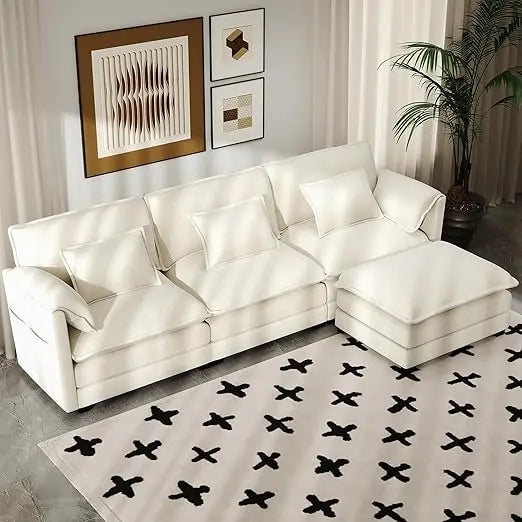 l-shaped chenille modular sectional sofa with movable ottoman, 6 pillows and 2 armrest cushions for living room