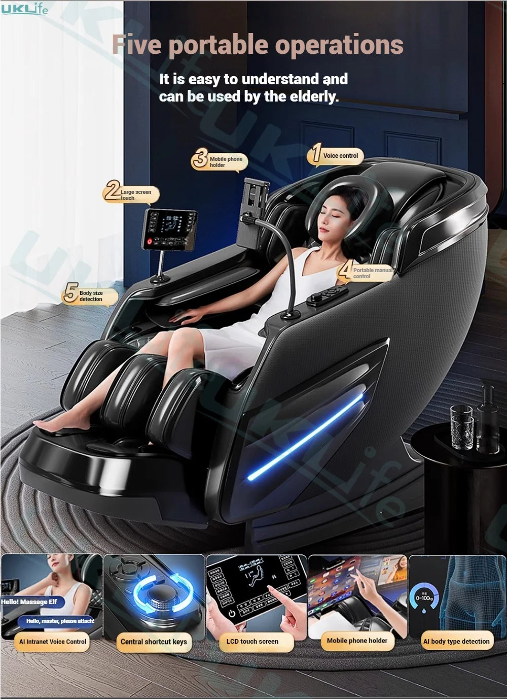 2025 Upgrade 6D Jade-Rollen-Massagesessel mit KI-Sprachsteuerung, automatischem Körperscan, Thai-Stretching & Handyhalter – Schwerelosigkeit F