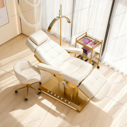 Luxuriöses elektrisches Schönheitsbett mit goldenem Sockel, Leder-Massagebett, Salon-Gesichts-Wimpernliege mit Beleuchtung
