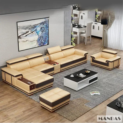 Modernes Luxus-Ecksofa aus echtem Leder mit Recamiere, verstellbarer Kopfstütze, integriertem Stauraum, USB-Ladefunktion, Getränkehalter