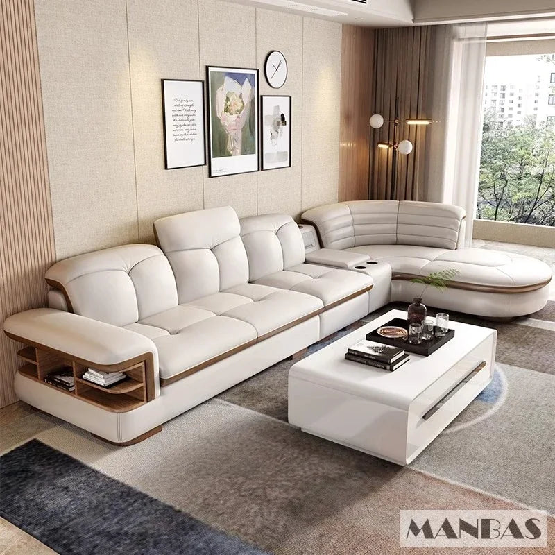 Luxuriöse L-förmige Sektionalsofa-Sets aus echtem Leder mit USB, Bluetooth-Lautsprecher – Linlamlim Wohnzimmer italienische Ledersofas