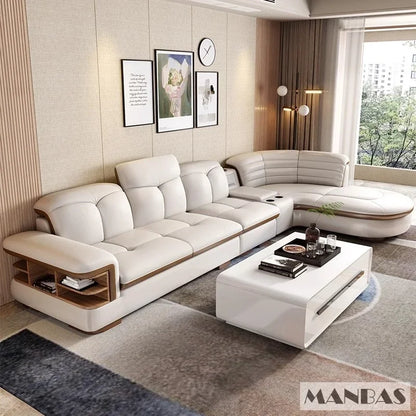 Luxuriöse L-förmige Sektionalsofa-Sets aus echtem Leder mit USB, Bluetooth-Lautsprecher – Linlamlim Wohnzimmer italienische Ledersofas