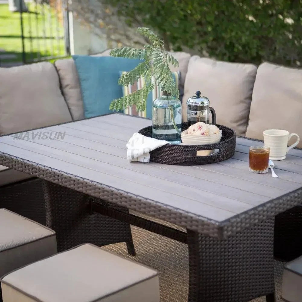 Nordisches Rattan-Sofa-Set – Outdoor-Ecksofas mit Couchtisch für Hof, Balkon, Terrasse und Garten