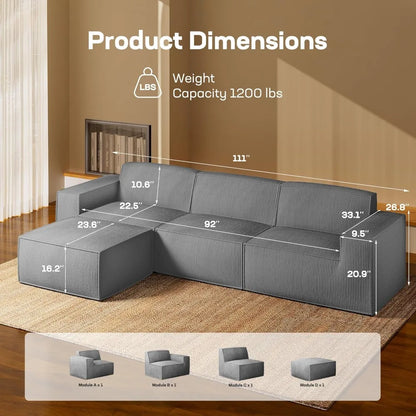 Modulares Sektionssofa, 111" L-förmiges Modulares Sektionssofa mit tiefer Sitzfläche, frei kombinierbares Sektionswolkensofa für