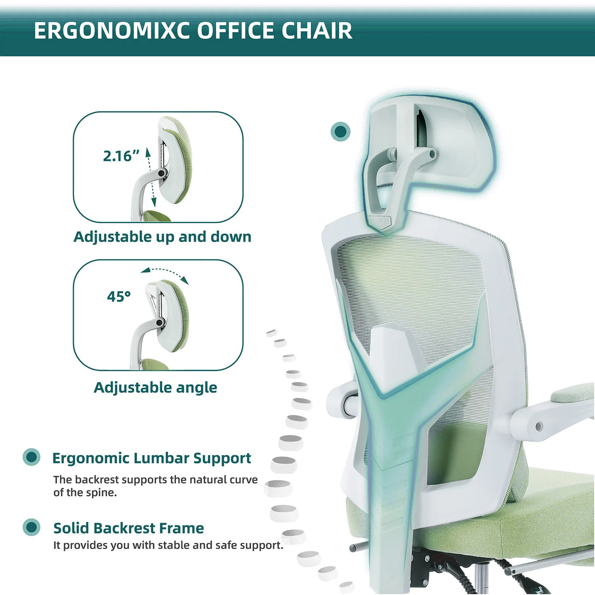 JHK Ergonomischer Liege-Gaming-Stuhl mit hoher Rückenlehne aus Mesh, Wohnzimmer-Schaukelstuhl, Bürostuhl, Drehstuhl, Rollstuhl, Lendenstützkissen