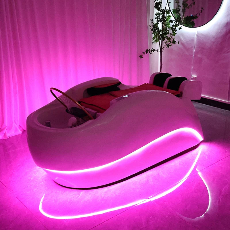 Modern Beauty Salon Furniture pink Light Salon Shampoo Chair Bed Luxury Electric Massage Washing Chair with Water Circulation