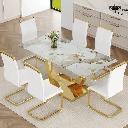 Faux Marble Dining Table Set Gold Metal Frame – Modern Elegant Kitchen & Dining Room Furniture