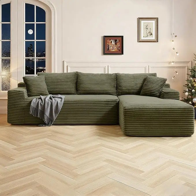 Modernes 108 L-förmiges Ecksofa, tiefes Wolkensofa, Cordstoff, Schwarz, Recamiere rechts, Wohnzimmermöbel, keine Montage