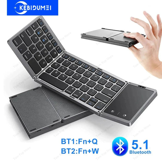 Dual Bluetooth 5.1 Foldable Keyboard with Touchpad – 3-Fold Mini Wireless Keyboard for Windows, Android, iOS, iPad | Rechargeable &amp; Portable