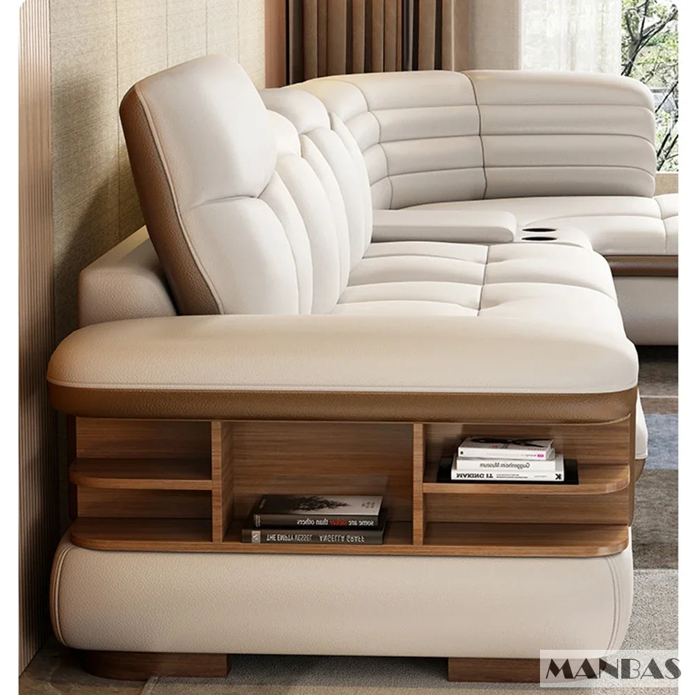 Luxuriöse L-förmige Sektionalsofa-Sets aus echtem Leder mit USB, Bluetooth-Lautsprecher – Linlamlim Wohnzimmer italienische Ledersofas