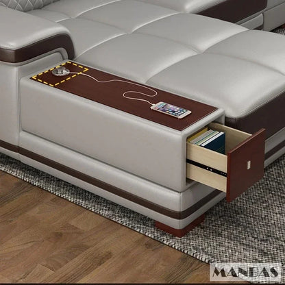 Modernes Luxus-Ecksofa aus echtem Leder mit Recamiere, verstellbarer Kopfstütze, integriertem Stauraum, USB-Ladefunktion, Getränkehalter