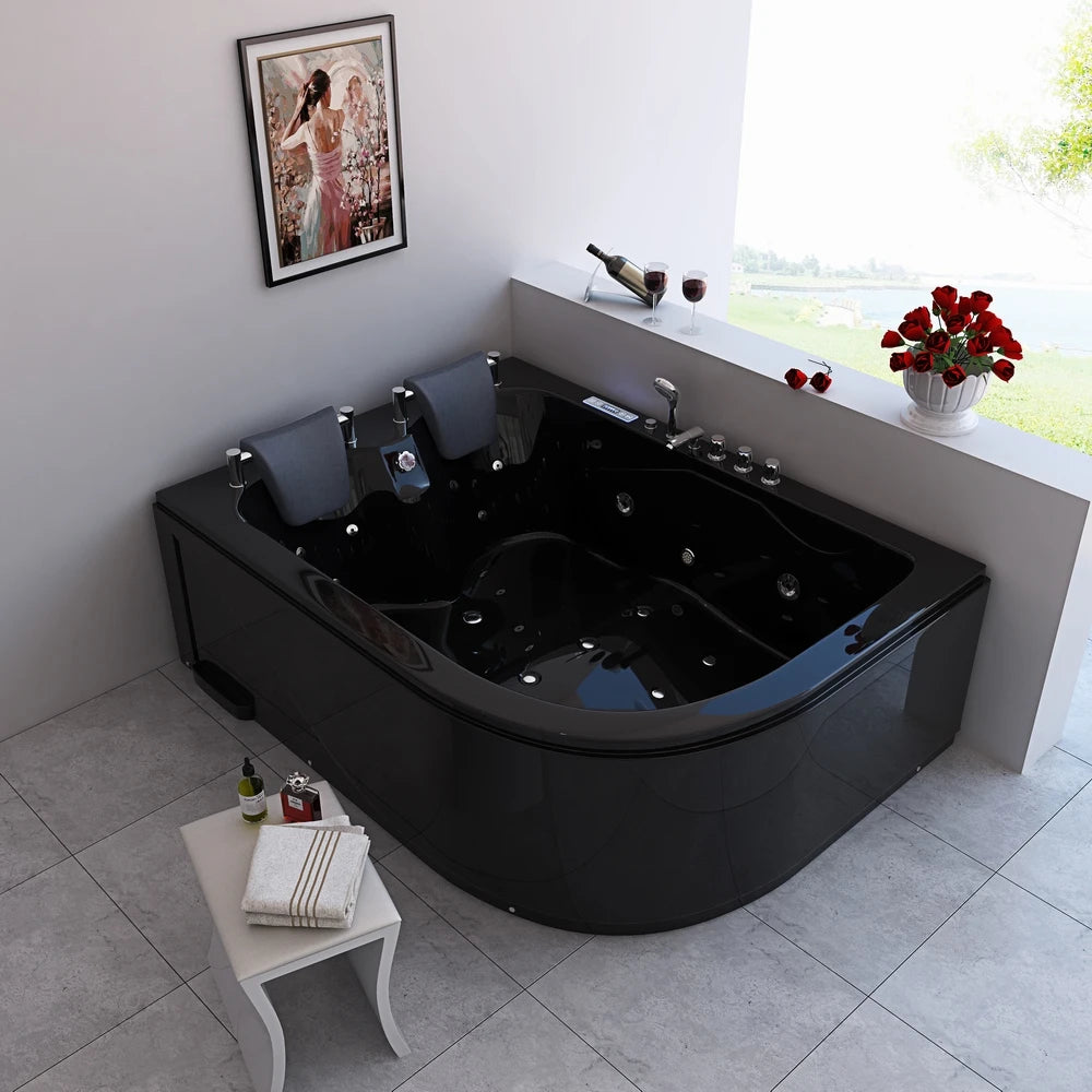 Schwarze Acryl-2-Personen-freistehende Luftstrahl-Massage-Badewanne Whirlpool Intelligente LED-Licht-Spa-Badewanne