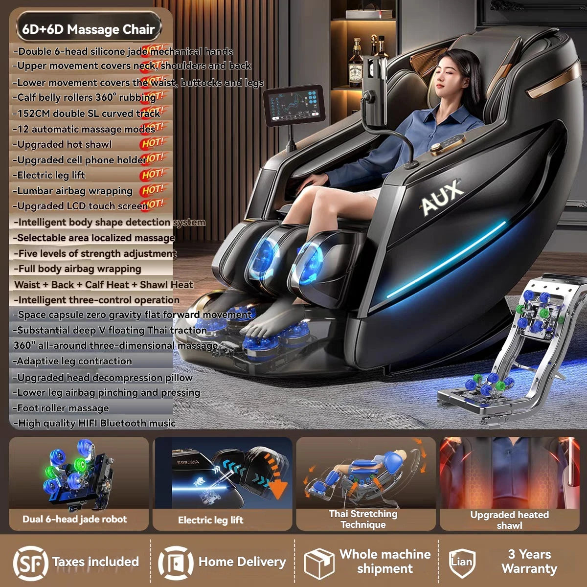 Dual-Core 6D+6D Massagesessel Ganzkörper-Schwerelosigkeits-Massagesessel mit Heizung Tiefenentspannungs-Massagesessel