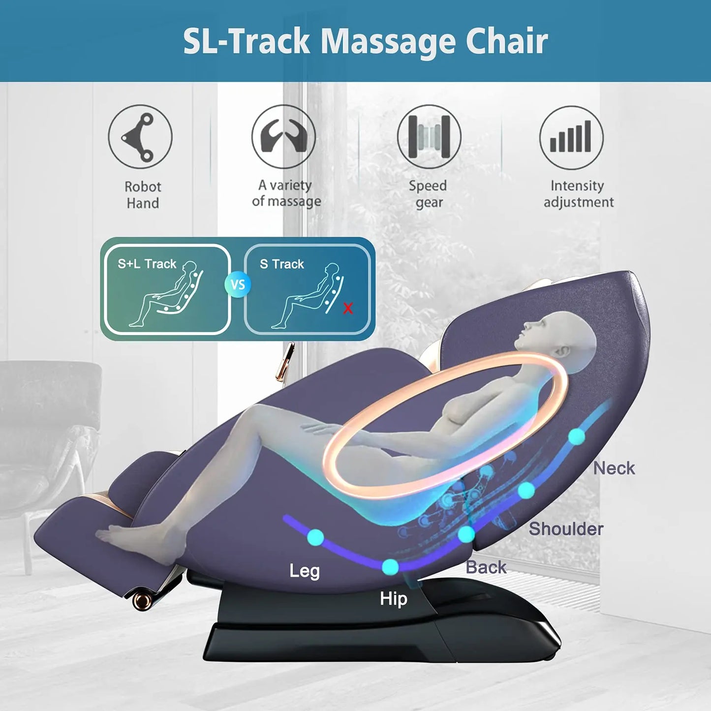 APP-Steuerung 4D-Massagesessel SL-Track Ganzkörper-Shiatsu-Massagesessel Zero Gravity mit Yoga-Stretching-Fußmassageroller