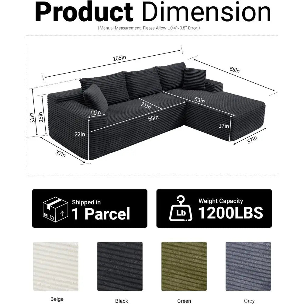 Modernes 108 L-förmiges Ecksofa, tiefes Wolkensofa, Cordstoff, Schwarz, Recamiere rechts, Wohnzimmermöbel, keine Montage