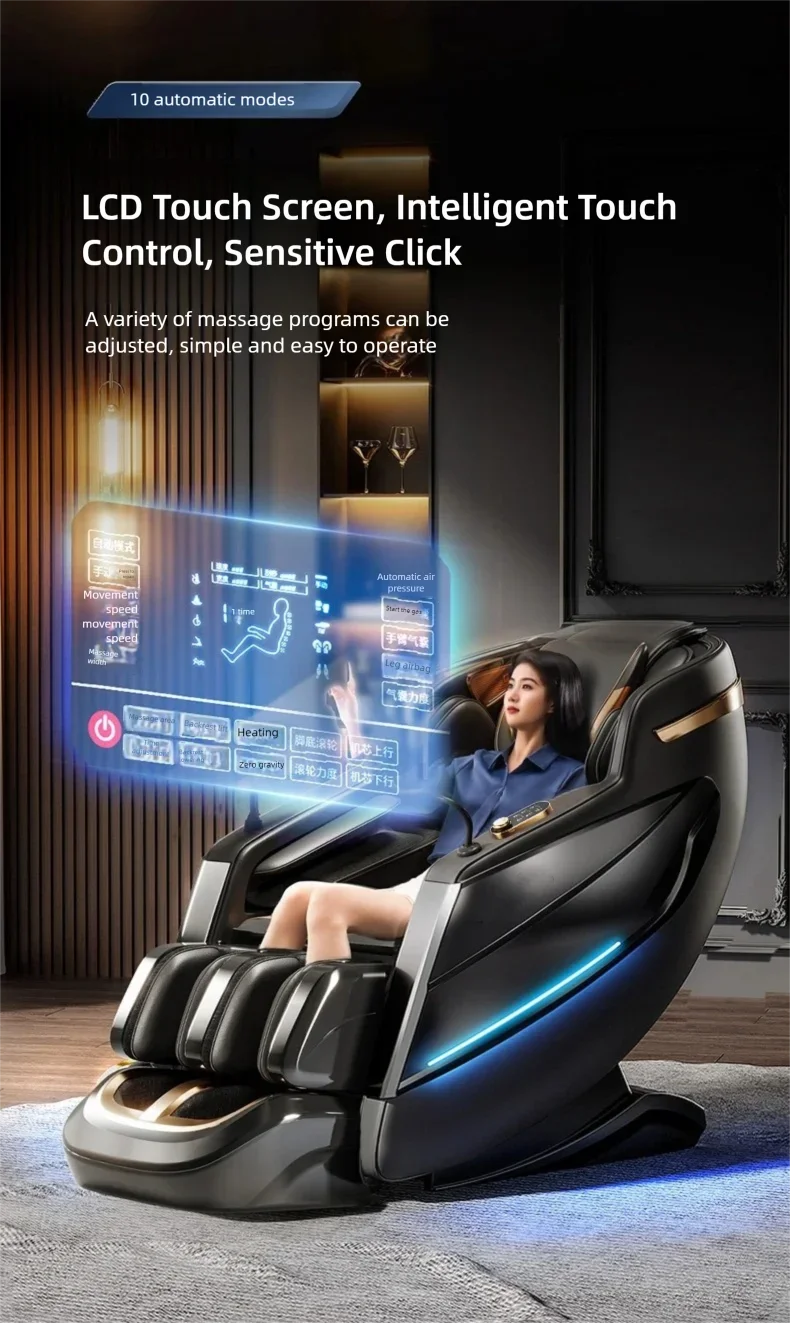 4D Mechanismus Massagesessel Tiefe Thai-Dehnung LCD Touchscreen Wadenrolle Airbag Kompression Kneten Schwerelosigkeit Entspannung