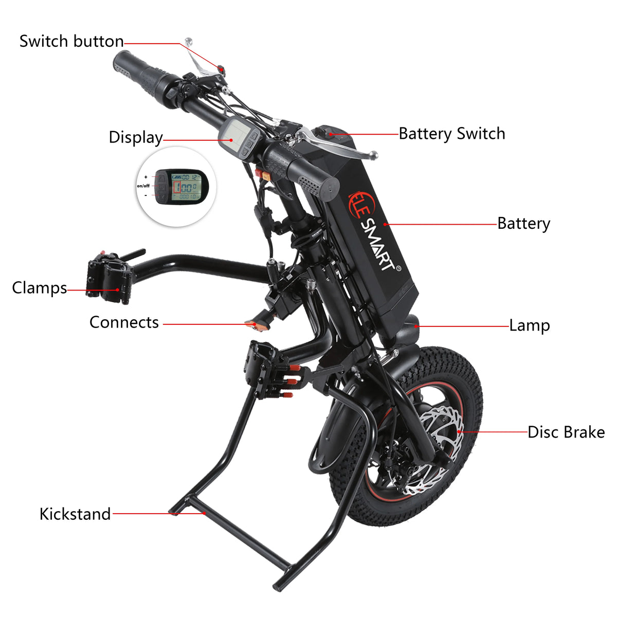 Elesmart Kit de conversion de tracteur de moto électrique 12 pouces 36V 250/350/500W fixation de fauteuil roulant pour aide aux personnes handicapées