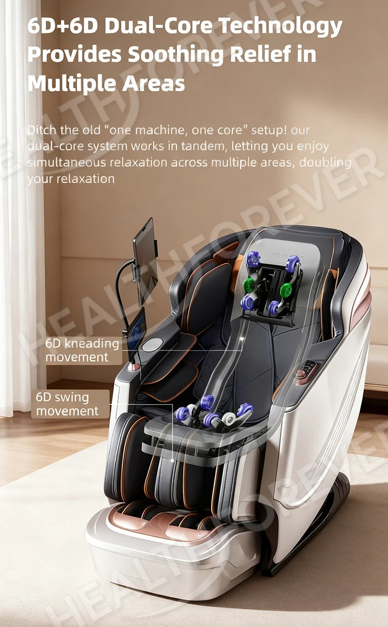 6D+6D Dual 6-Kopf-Massagesessel SL Track Wärmetherapie KI-Sprachsteuerung Thai-Stretch-Massagesessel 4D Zero Gravity Gesundheits-Scan