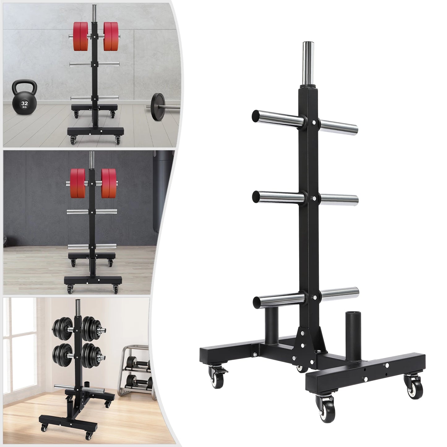 Gym at Home Fitness Barbell Storage Rack Metal Steel Weight Plate Rack W Wheels
