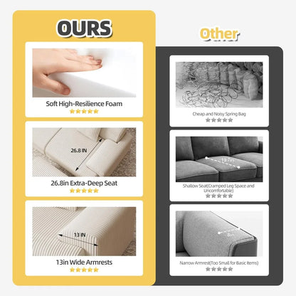 118" modernes L-förmiges modulares Ecksofa, "Boneless Cloud" Couch mit Ottoman, übergroße Cordcouch tiefe Sitzfläche, 30D Schwamm