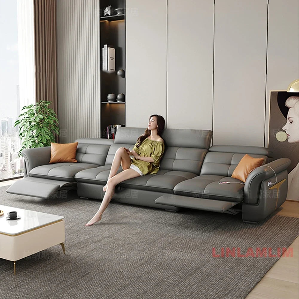 Modernes elektrisches Schlafsofa mit verstellbarer Rückenlehne, L-förmiges, multifunktionales italienisches Echtleder-Sofa