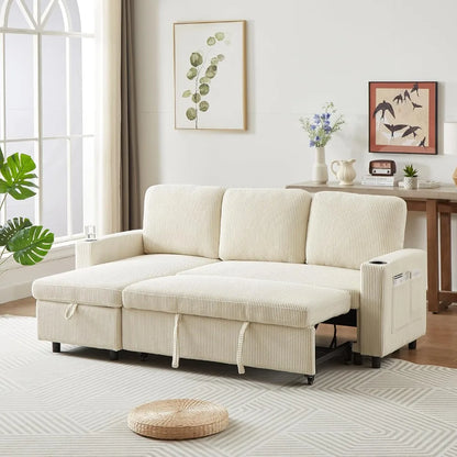 78.5" Corduroy L-Shaped Convertible Combo Sofa Bed with Reversible Storage Chaise,Pull-Out Sleeper Sofabed with Side Pockets an