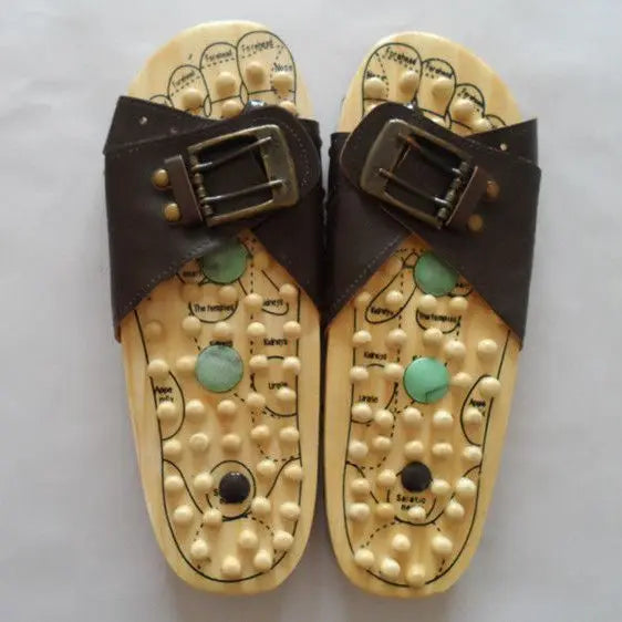 Health care Wooden base acupunture foot massage slippers natural stone acupoint massage slippers