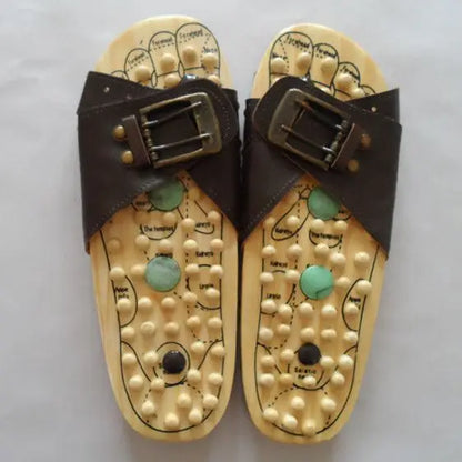 Health care Wooden base acupunture foot massage slippers natural stone acupoint massage slippers