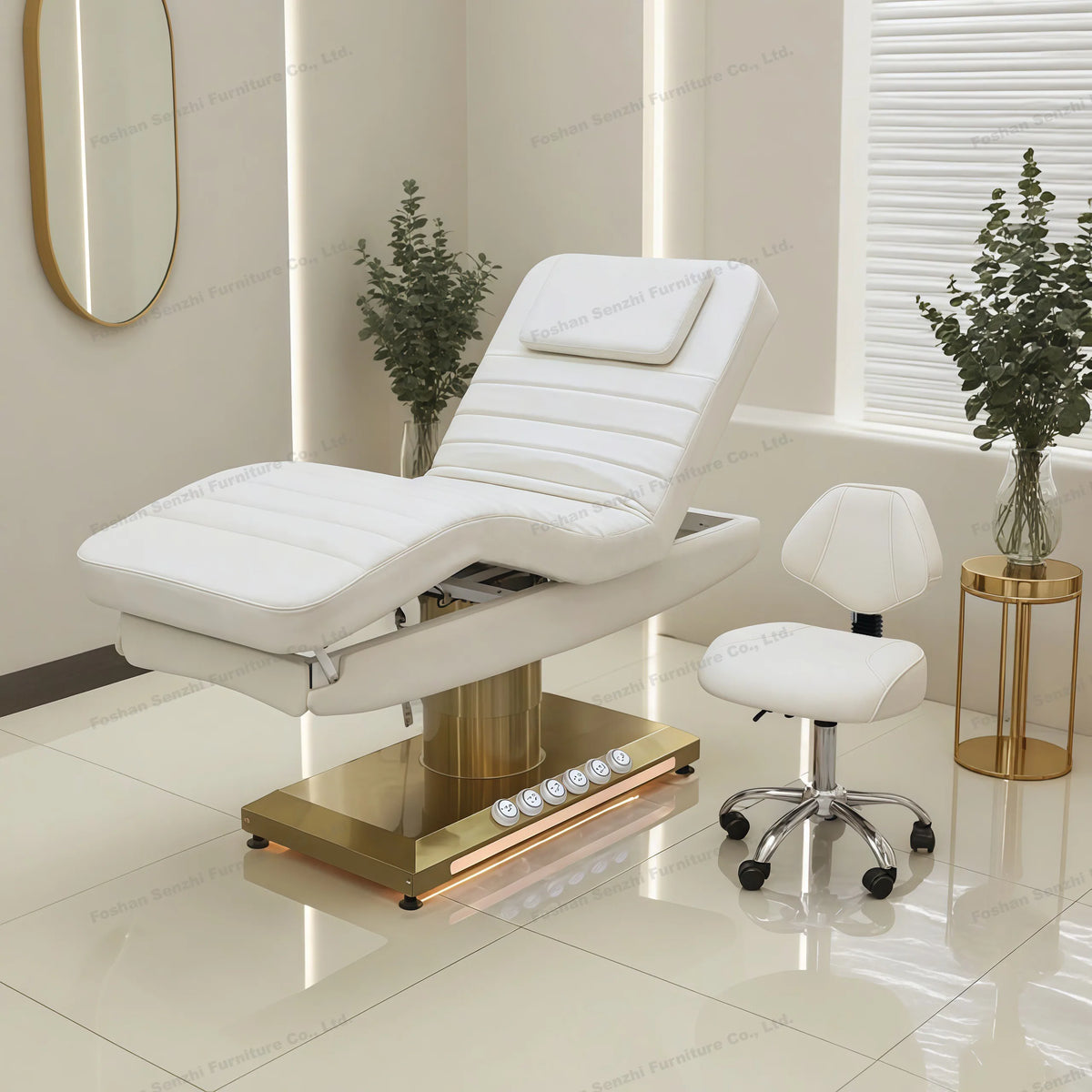 Luxuriöses elektrisches Schönheitsbett mit goldenem Sockel, Leder-Massagebett, Salon-Gesichts-Wimpernliege mit Beleuchtung