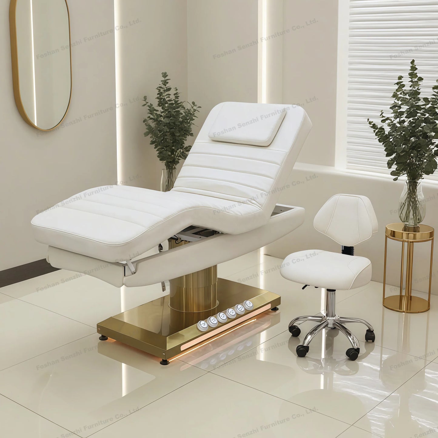 Luxuriöses elektrisches Schönheitsbett mit goldenem Sockel, Leder-Massagebett, Salon-Gesichts-Wimpernliege mit Beleuchtung