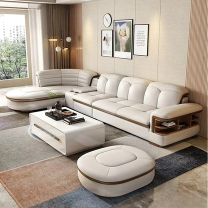 Luxuriöse L-förmige Sektionssofas aus echtem Leder mit USB- und Bluetooth-Lautsprecher – MINGDIBAO Wohnzimmer Italienische Ledersofas
