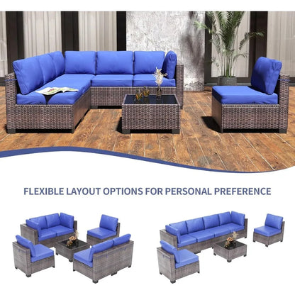 7 Piece Outdoor Patio Furniture Set with PE Rattan Conversation Sofa Thick Cushioned Wicker Patio Set Featuring Glass Top Coffe