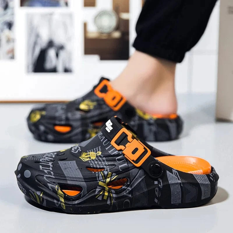 Men’s Sport Sandals – Lightweight EVA Slip-On Beach Slides with Buckle, Graffiti Design