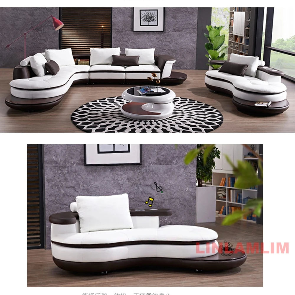 Modernes Luxus-Sofa-Set aus echtem Leder mit Lautsprecher und USB, U-förmiges Wohnzimmersofa mit Ablageregalen