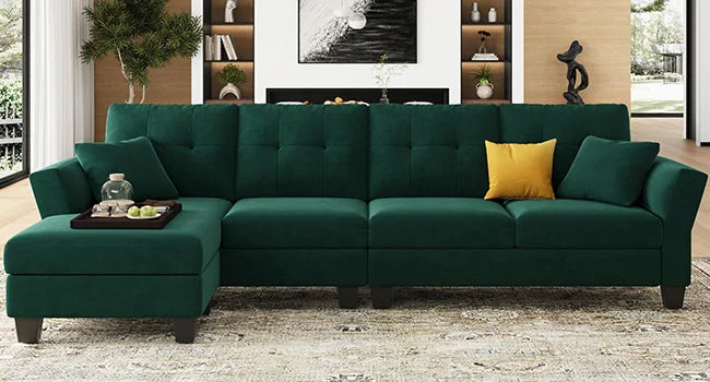 L-förmiges Sofa 4-Sitzer Sofa mit Récamiere L-förmige Sofas Umwandelbares Sektionssofa (Dunkelgrün, L-förmiges Sofa)